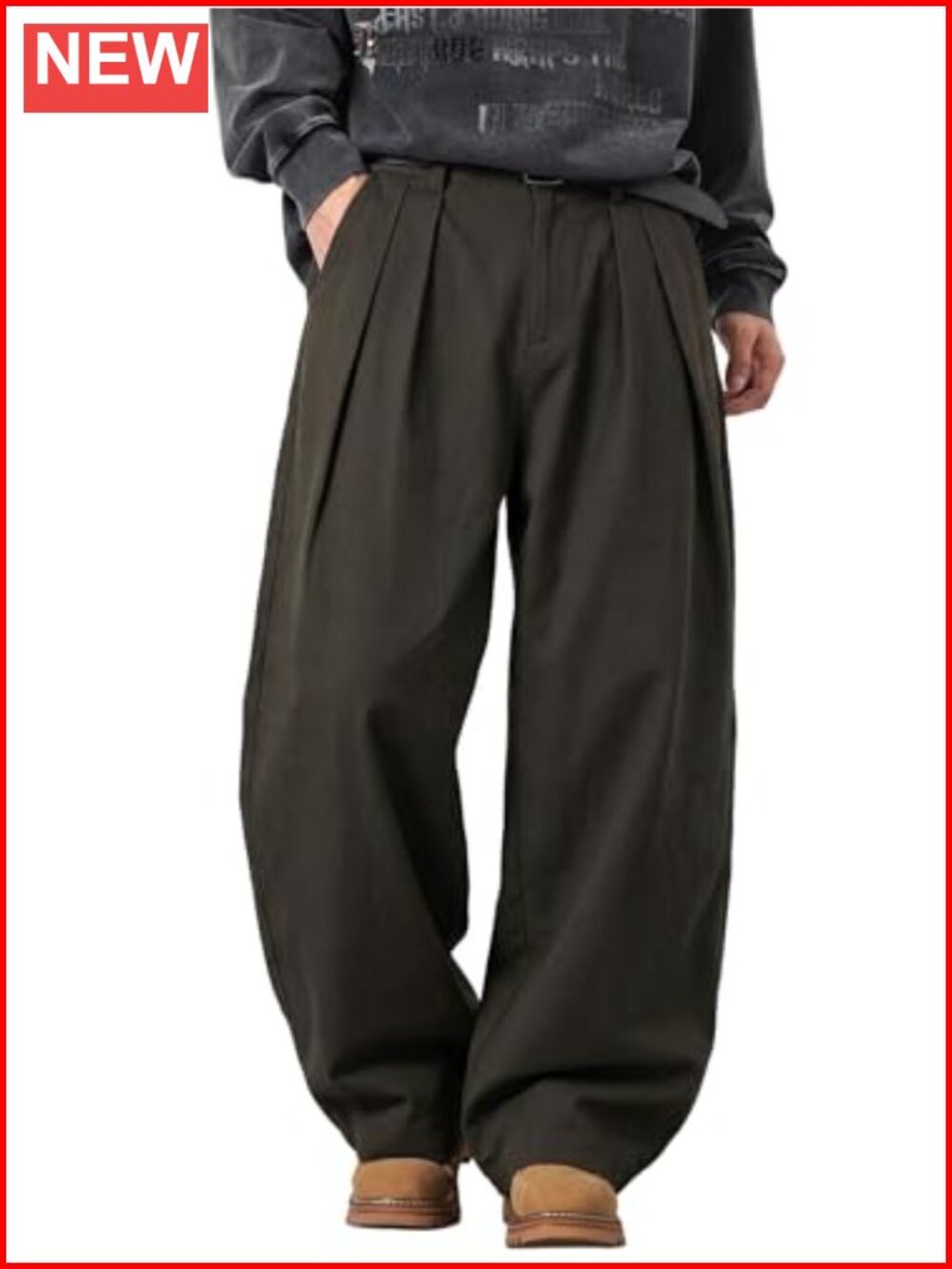 Men's Wide Leg Pleated Elastic Waist Cotton Blend Trousers Casual Pants